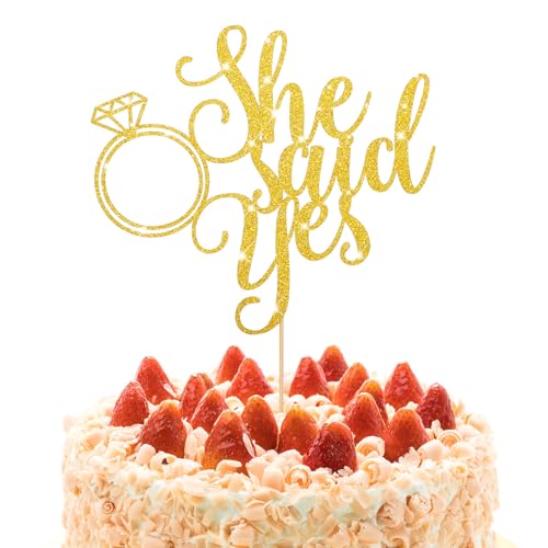 Tortenaufsatz mit Ring, goldfarben, Aufschrift "She Said Ye", mit Ring, goldfarbener Glitzer, Junggesellinnenabschied, Brautparty, Party, Kuchendekoration, Antrag, Hochzeit, Brautparty, 1 Stück von Psyqtsuary