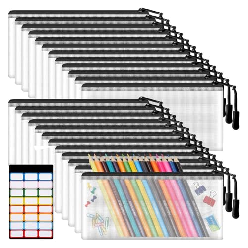 Ptdfjspt 24 Stück Netzbeutel mit Reißverschluss, Kleine Schwarze, Durchsichtige Beutel in Großpackung, Organisation Von Reisekosmetik für Klassenzimmer und Bürobedarf von Ptdfjspt