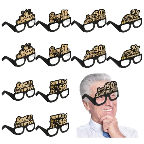 Ptwola 12 Stück Geburtstag Brille Dekoration Papier 50. Happy Birthday Party Brillen Papier 50 Jahre alte Vintage Sonnenbrille zum Tragen für Erwachsene Männer Frauen Tisch Foto Requisiten Dekor von Ptwola