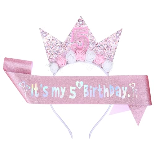 Ptwola 2 Stück Geburtstagskrone Glitzer Tiara Krone mit Rose Blumen Mädchen Geburtstag Stirnband Happy Birthday Partyhut für 5 Jahre altes Kinder Geburtstag Geschenk Partyzubehör Prinzessin Party von Ptwola