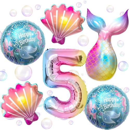 PtyPop 6 Stück Meerjungfrau Geburtstag Deko Mädchen 3 4 5 6 Jahre Meerjungfrau Party Deko mit Meerjungfrau Luftballon, Muschel Zahlen Folienballons für Kindergeburtstag Deko Mädchen von PtyPop