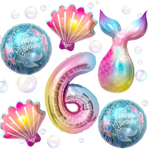 PtyPop 6 Stück Meerjungfrau Geburtstag Deko Mädchen 3 4 5 6 Jahre Meerjungfrau Party Deko mit Meerjungfrau Luftballon, Muschel Zahlen Folienballons für Kindergeburtstag Deko Mädchen von PtyPop