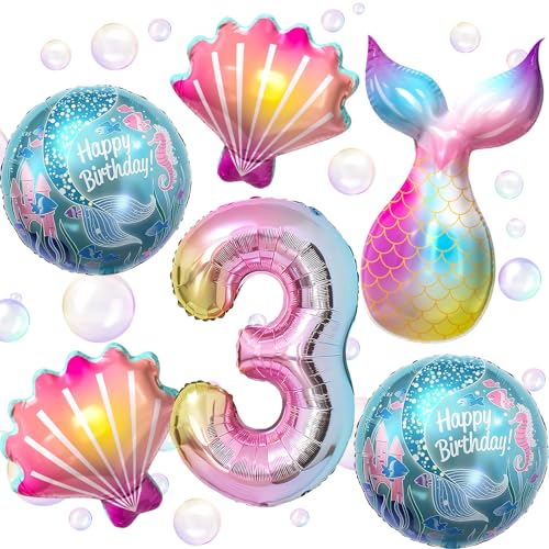 PtyPop 6 Stück Meerjungfrau Geburtstag Deko Mädchen 3 4 5 6 Jahre Meerjungfrau Party Deko mit Meerjungfrau Luftballon, Muschel Zahlen Folienballons für Kindergeburtstag Deko Mädchen von PtyPop
