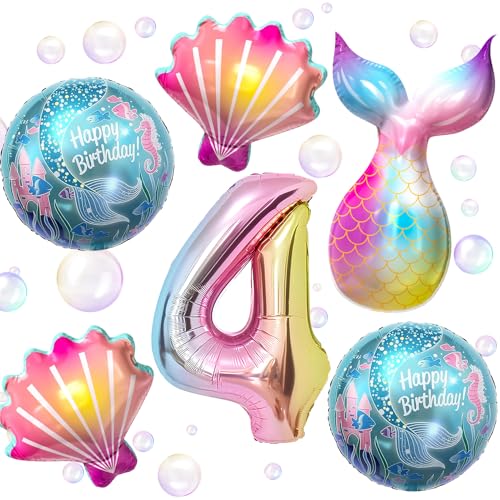 PtyPop 6 Stück Meerjungfrau Geburtstag Deko Mädchen 3 4 5 6 Jahre Meerjungfrau Party Deko mit Meerjungfrau Luftballon, Muschel Zahlen Folienballons für Kindergeburtstag Deko Mädchen von PtyPop