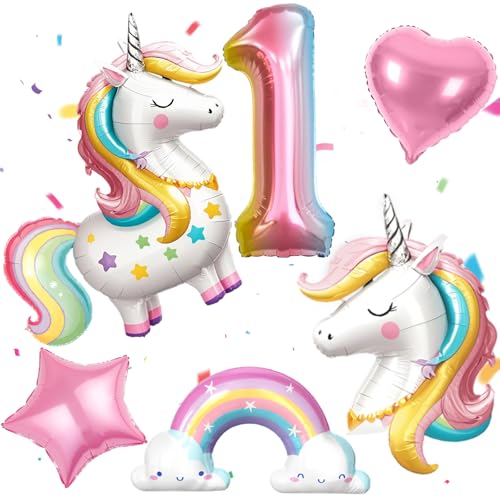 PtyPop Einhorn Deko Kindergeburtstag Mädchen 1 2 3 4 5 6 Jahre, Einhorn Folienballon Regenbogen Herzluftballons, Einhorn Luftballon Stehend, Einhorn Kindergeburtstag Decorations Party Deko (1 Jahre) von PtyPop