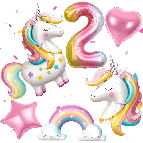PtyPop Einhorn Deko Kindergeburtstag Mädchen 1 2 3 4 5 6 Jahre, Einhorn Folienballon Regenbogen Herzluftballons, Einhorn Luftballon Stehend, Einhorn Kindergeburtstag Decorations Party Deko (2 Jahre) von PtyPop