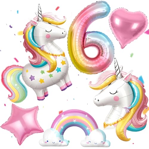 PtyPop Einhorn Deko Kindergeburtstag Mädchen 1 2 3 4 5 6 Jahre, Einhorn Folienballon Regenbogen Herzluftballons, Einhorn Luftballon Stehend, Einhorn Kindergeburtstag Decorations Party Deko (6 Jahre) von PtyPop