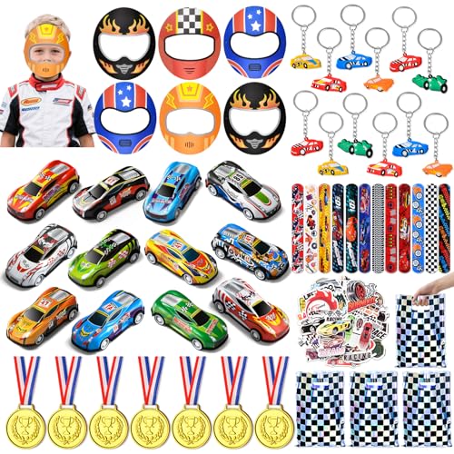122 STK. Rennautos Party Mitgebsel Kindergeburtstag mit Mini Rennauto,Masken, Schlüsselanhänger,Schnapparmband, Rennwagen Give Aways Gastgeschenk Kindergeburtstag Pinata Füllung für Kinder Jungen von PtyPop