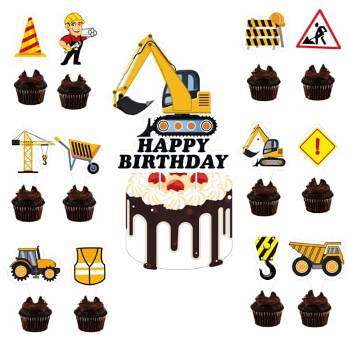 Geburtstag Maschinenfahrzeug Cupcake Toppers, Dekorationen Kuchendeko Baustelle, Happy Birthday Tortendeko Kuchen Deko Set,Cupcake Toppers für Kinder Party Geburtstag (Engineering vehicle) von Ptydecta