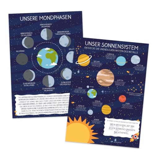 Poster Set "Unser Sonnensystem" + "Unsere Mondphasen" DIN A2 | Planeten Weltraum Poster für Kinder | Kinderzimmer Deko | Lernposter Weltraum | Geschenk Kinder Geburtstag Einschulung (Set | DIN A2) von PuK Krämmer GmbH