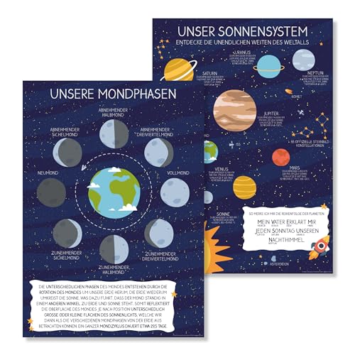 Poster Set "Unser Sonnensystem" + "Unsere Mondphasen" DIN A2 | Planeten Weltraum Poster für Kinder | Kinderzimmer Deko | Lernposter Weltraum | Geschenk Kinder Geburtstag Einschulung (Set | DIN A2) von PuK Krämmer GmbH