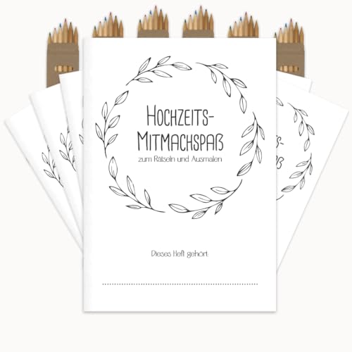 PuK Hochzeits-Mitmachspaß | Kinder-Beschäftigung Hochzeit Set | Malbuch & Rätselbuch für kleine Gäste | 6 oder 12 Hefte | Optional mit Buntstiften | Gastgeschenk Hochzeit Kinder (12, mit Buntstiften) von PuK Krämmer GmbH