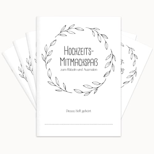 PuK Hochzeits-Mitmachspaß | Kinder-Beschäftigung Hochzeit Set | Malbuch & Rätselbuch für kleine Gäste | 6 oder 12 Hefte | Optional mit Buntstiften | Gastgeschenk Hochzeit Kinder (6, ohne Buntstifte) von PuK Krämmer GmbH