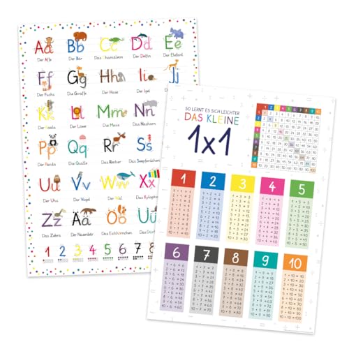 PuK Krämmer GmbH Poster Set „ABC + Kleines 1x1“ DIN A2 | Lernposter für Kinder | Kinderzimmer Deko ABC 1x1 | schreiben rechnen lernen | Geschenk Kinder Geburtstag Einschulung (ABC + 1x1 Set (DIN A2)) von PuK Krämmer GmbH