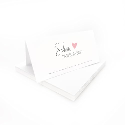 Tischkarten "Schön, dass du da bist" weiß mit Herz | Farbe wählbar | 25, 50, 100 Stück | selbst beschriften | Namensschilder, Platzkarten | für Hochzeit, Geburtstag uvm (Rosa, 100) von PuK Krämmer GmbH