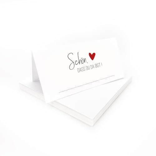 Tischkarten "Schön, dass du da bist" weiß mit Herz | Farbe wählbar | 25, 50, 100 Stück | selbst beschriften | Namensschilder, Platzkarten | für Hochzeit, Geburtstag uvm (Rot, 100) von PuK Krämmer GmbH