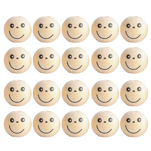 20 Stück Smiles-Perlen, natürliche Holzperlen zum Basteln, Loch, runde Holzperlen, Set für DIY-Dekorationen, lächelnde Gesichtsperlen von Puco