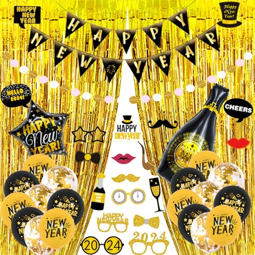 Puco 2024 Neujahrsparty Dekorationsset eleganter Ballon mit schwarzem und goldenem Thema Frohes Neues Jahr Feier Partyzubehör Neujahrsparty Dekoration von Puco