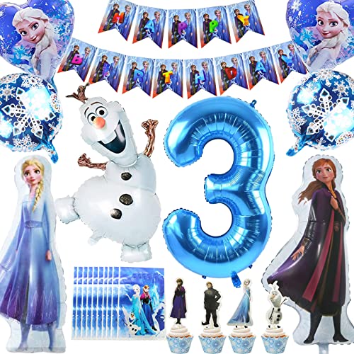 Eiskönigin Geburtstag Luftballons, 43 Prinzessin Partygeschirr Set, Schneeflocken Herz Ballons Cake Topper Heliumballon Mitgebsel für 3 Jahre Mädchen Kinder Geburtstags Party Partei Hintergrunden von Puduoy