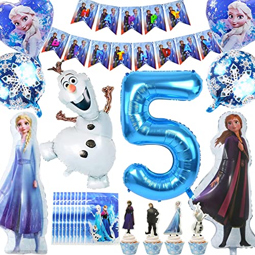 Eiskönigin Geburtstag Luftballons, 43 Prinzessin Partygeschirr Set, Schneeflocken Herz Ballons Cake Topper Heliumballon Mitgebsel für 5 Jahre Mädchen Kinder Geburtstags Party Partei Hintergrunden von Puduoy