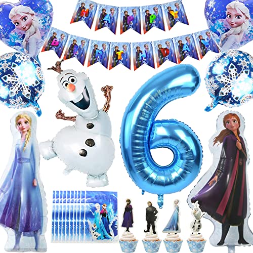 Eiskönigin Geburtstag Luftballons, 43 Prinzessin Partygeschirr Set, Schneeflocken Herz Ballons Cake Topper Heliumballon Mitgebsel für 6 Jahre Mädchen Kinder Geburtstags Party Partei Hintergrunden von Puduoy
