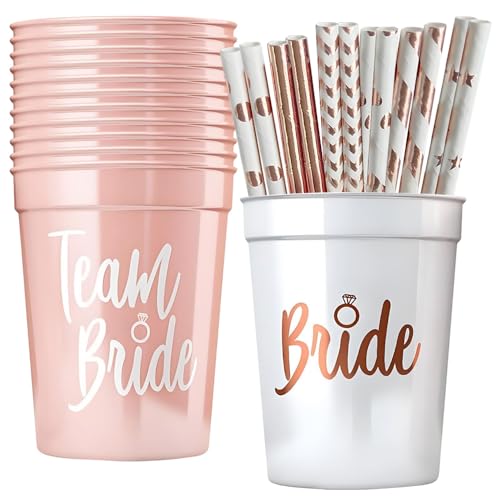 12 Stück Team Braut Becher, JGA Becher mit 12 Strohhalme, Wiederverwendbar Team Braut Bachelorette Party Cup Braut Team Tassen Set für Bridal Shower Verlobungsfeier Junggesellenabschied von Puedno