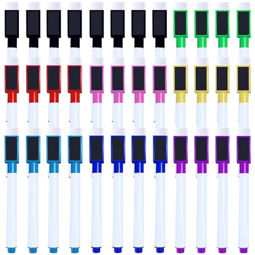 Puedno 40 Stück Folienstift Abwischbar, Magnetische Whiteboard Stifte Abwischbar, Whiteboard Marker mit Radierer, Dry Wipe Markers Stifte für Schule Zuhause Büro Fenster, 8 Farben von Puedno