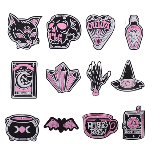 Puideon 12 Stück Gothic Schwarz Rosa Totenkopf Stickerei Patches Punk Bügelbilder Aufnähen Applikationen für Jacken, Taschen, Hüte von Puideon