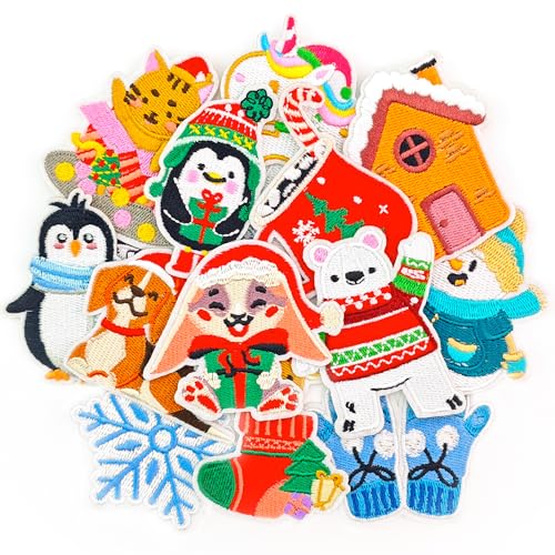 Puideon 16 x Weihnachts-Bügelbilder, bunt bestickt, zum Aufbügeln oder Aufnähen, für selbstgemachte Weihnachtsmützen und Kleidung von Puideon