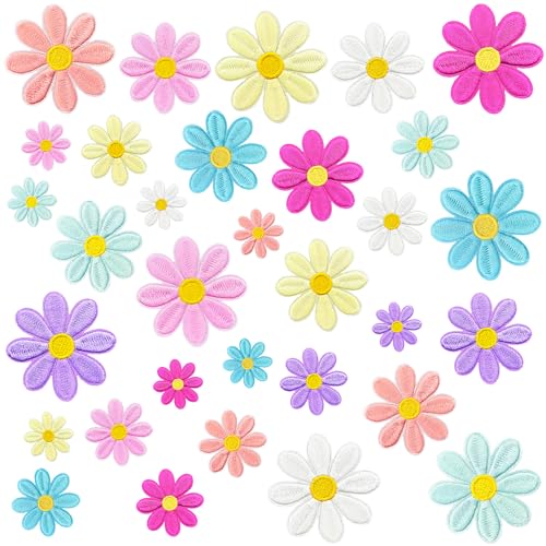 Puideon 32 Stück 4 Größen Gänseblümchen zum Aufbügeln, mehrfarbige Blumen-Aufnäher zum Aufnähen auf Stickerei-Applikation für selbstgemachte Dekoration, Kleidung, Hüte, Jacken, Rucksäcke, Jeans von Puideon