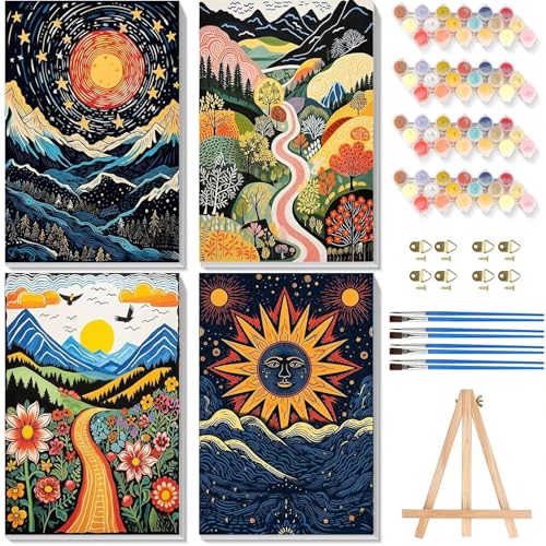 4 Stück Malen nach Zahlen Erwachsene mit Rahmen - Holzstaffelei, Abstrakte Landschaft Malen nach Zahlen auf Leinwand, DIY Acryl Ölmalerei Kits mit Pinseln für Home Wall Decor, 20x30 cm von Pujeknm