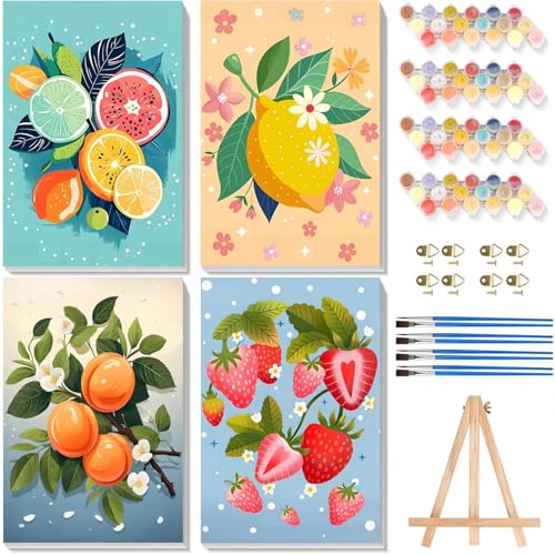 4 Stück Malen nach Zahlen Erwachsene mit Rahmen - Holzstaffelei, Früchte Malen nach Zahlen für Anfänger, DIY Einfache Obst Acryl Ölmalerei Kits mit Pinseln für Home Wall Decor, 20x30 cm von Pujeknm