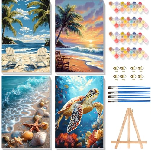 4 Stück Malen nach Zahlen Erwachsene mit Rahmen - Holzstaffelei, Strand Malen nach Zahlen auf Leinwand, DIY Meeresschildkröte Acryl Ölmalerei Kits mit Pinseln für Home Wall Decor, 20x30 cm von Pujeknm