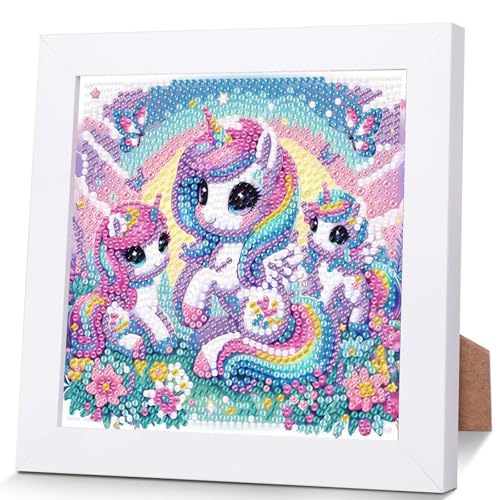Einhorn Diamond Painting Kinder Mit Holzrahmen,Set Full Diamant Painting Bilder Kinder Tiere,5D Diamond Painting Mädchen,DIY Mosaikherstellung Arts Craft für Home Wand Decor 18x18cm von Pujeknm