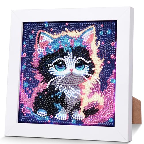 Katze Diamond Painting Kinder Mit Holzrahmen,Set Full Diamant Painting Bilder Kinder Tiere,5D Diamond Painting Mädchen,DIY Mosaikherstellung Arts Craft für Home Wand Decor 18x18cm von Pujeknm