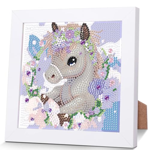 Pferd Diamond Painting Kinder Mit Holzrahmen,Set Full Diamant Painting Bilder Kinder Tiere,5D Diamond Painting Mädchen,DIY Mosaikherstellung Arts Craft für Home Wand Decor 18x18cm von Pujeknm