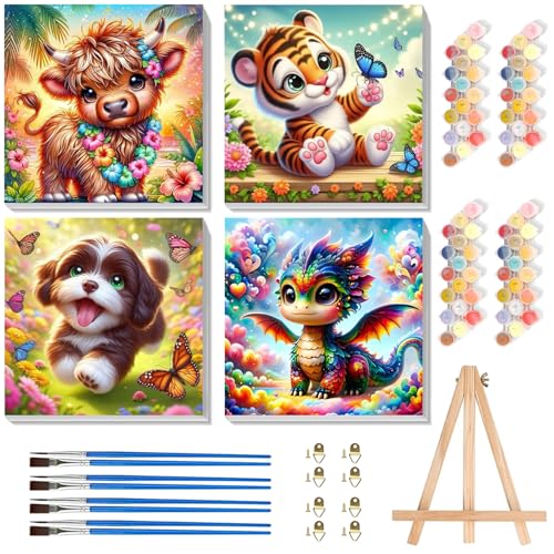 Pujeknm 4 Stück Tiere Malen Nach Zahlen ab 5 6 7 Jahre Mädchen mit Rahmen, Kuh Hund Drache Tiger Malen Nach Zahlen für Kinder Acrylfarben mit als Geschenk, Mittel 20x20 cm (Süßes Tiere) von Pujeknm