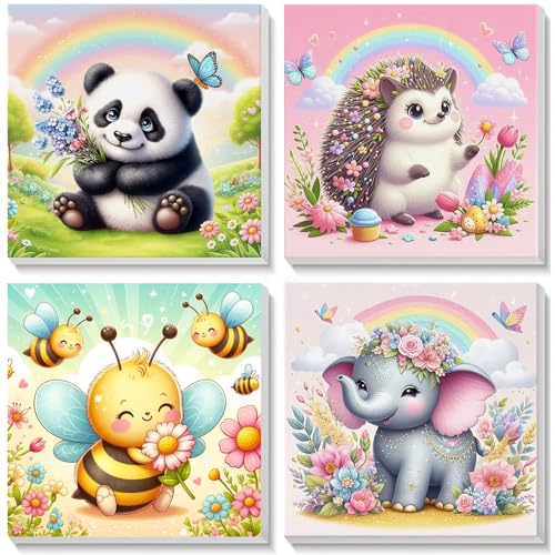 Pujeknm 4 Stück Tiere Malen Nach Zahlen ab 5 6 7 Jahre Mädchen mit Rahmen, Elefant Biene Panda Igel Malen Nach Zahlen für Kinder Acrylfarben mit als Geschenk, Mittel 20x20 cm (Süßes Tiere) von Pujeknm