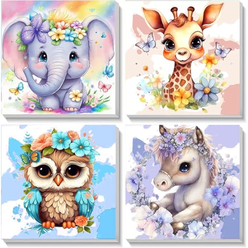 Pujeknm 4 Stück Tiere Malen Nach Zahlen ab 5 6 7 Jahre Mädchen mit Rahmen, Elefant Eule Giraffe Zebra Malen Nach Zahlen für Kinder Acrylfarben mit als Geschenk, Mittel 20x20 cm (Süßes Tiere) von Pujeknm