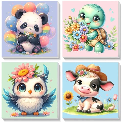 4 Stück Tiere Malen Nach Zahlen ab 5 6 7 Jahre Mädchen mit Rahmen, Eule Kuh Schildkröten Panda Malen Nach Zahlen für Kinder ab 7 Jahren Acrylfarben mit als Geschenk, Mittel 20x20 cm (Süßes Tiere) von Pujeknm