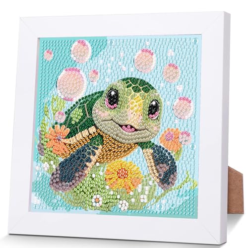 Schildkröten Diamond Painting Kinder Mit Holzrahmen,Set Full Diamant Painting Bilder Kinder Tiere,5D Diamond Painting Mädchen,DIY Mosaikherstellung Arts Craft für Home Wand Decor 18x18cm von Pujeknm