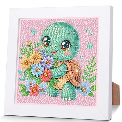 Schildkröten Diamond Painting Kinder Mit Holzrahmen,Set Full Diamant Painting Bilder Kinder Tiere,5D Diamond Painting Mädchen,DIY Mosaikherstellung Arts Craft für Home Wand Decor 18x18cm von Pujeknm