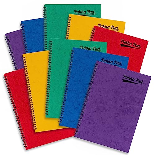 Pukka Pad, Bright Pressboard A4 Block – 10 Stück, seitliche Spiralbindung mit 120 Seiten aus 80 g/m² liniertem Papier, Presskarton-Einband und elastischem Verschluss für Schule, Büro und Zuhause von Pukka Pad