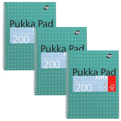 Pukka Pad, A4+ Metallic Jotta notizbuch 3er Pack – 22,5 x 29,6cm - Spiral Notizbuch mit 8mm Liniert und 80GSM Papier - mit 4-Loch-Stanzrändern und perforierten Kanten - 200 Seiten, Grün von Pukka Pad