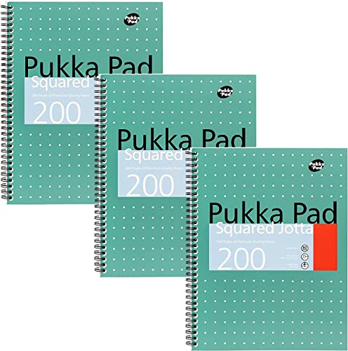 Pukka Pad, A4 Kariert Metallisch Jotta Notizbuch 3er Pack - 29. 7 x 23cm - Spiral Notizbuch mit 80GSM Papier - Mit 4-Loch Ränder und perforierte Kanten - 200 Seiten, Grün von Pukka Pad