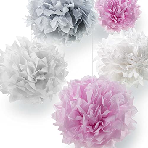 Pumpko® Decor 10er Seidenpapier Pompons Deko-Set | Dekoration für Ihre Hochzeit und Party | Rosa Hellgrau Weiß | Inklusive Ponpon PDF Aufbauanleitung von Pumpko