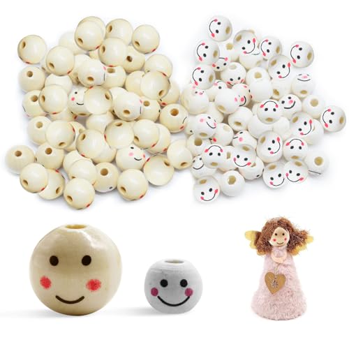 Pumuky Smile Holzperlen, 100 Stück Lächeln Gesicht, Holzperlen Rund Kreative Runde Perlen für DIY Armband Halskette Schmuck (Weiß) von Pumuky