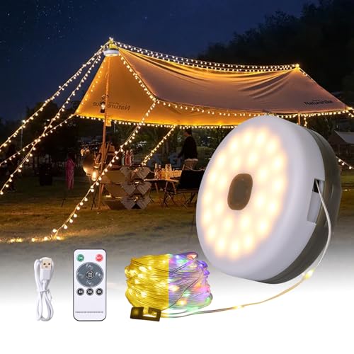 Pumwoy Camping Lichterkette Aufrollbar 10m RGB+Warmes Licht, Vielseitige LED Lichterkette mit 9 Beleuchtungsmodi, Tragbare Wiederaufladbare LED Lichterkette, Verstaubare Lichterkette Wasserdichte von Pumwoy