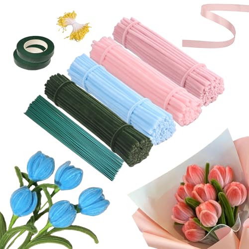 Pfeifenreiniger Blumen Set DIY – 400 Stück Pfeifenputzer zum Basteln in 4 Farben mit Blumendraht, Blumenstaubgefäßen, Geschenkband & Klebeband – Kreatives Bastelset für Tulpenstrauß & Erwachsene von PungKhoi