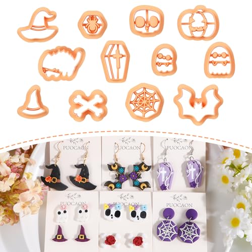 Puocaon Halloween-Modelliermassen-Ausstechformen – 12 Stück Hexen-Zauberer, Fledermaus, Geist, Kürbis, Halloween-Tonschneider für Ohrringe, Schmuckherstellung von Puocaon